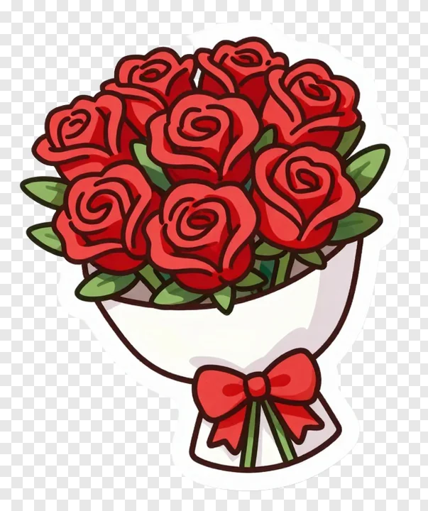 A cartoon bouquet of red roses with a red bow.