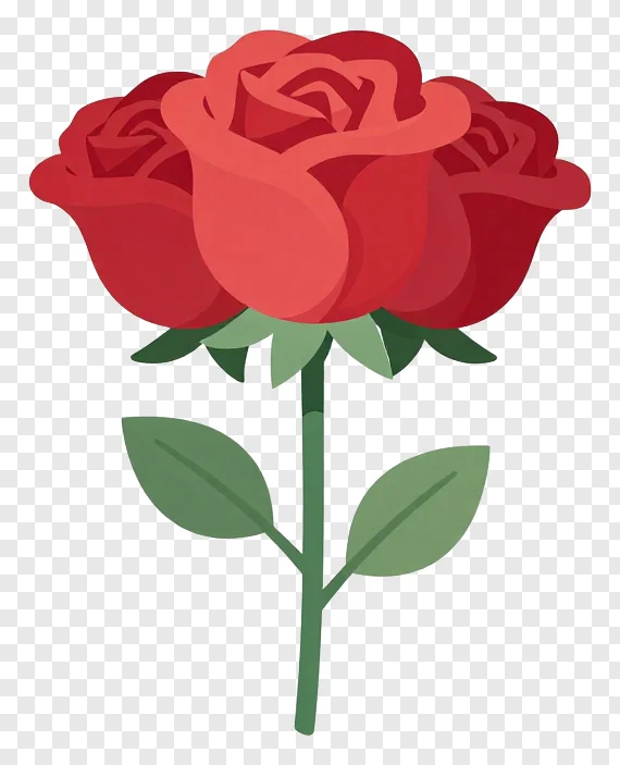 A red rose with green leaves and stem in flat vector style.