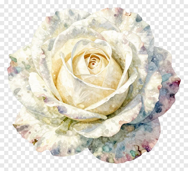 A watercolor painting of a white rose flower.