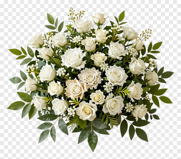 A white rose floral arrangement with green leaves.