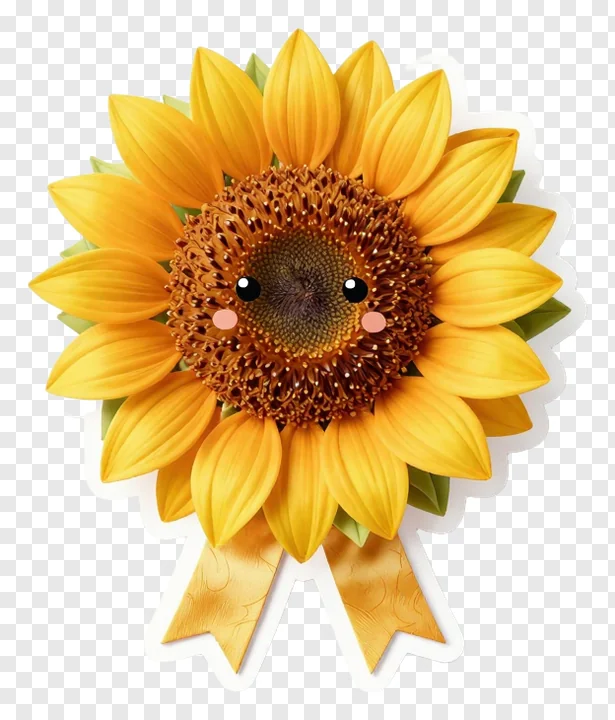 A smiling sunflower with a golden ribbon tied below.