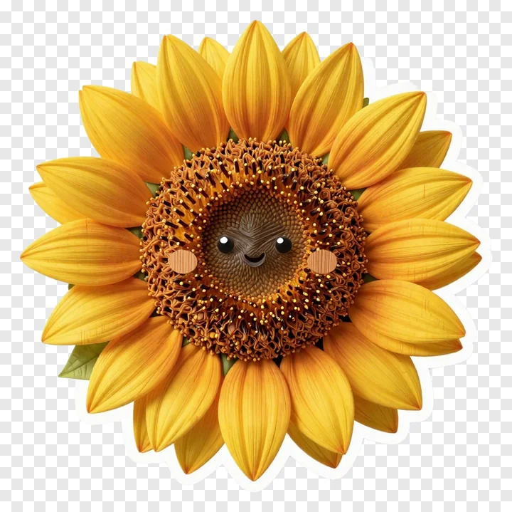 A smiling sunflower with a wood-textured center.