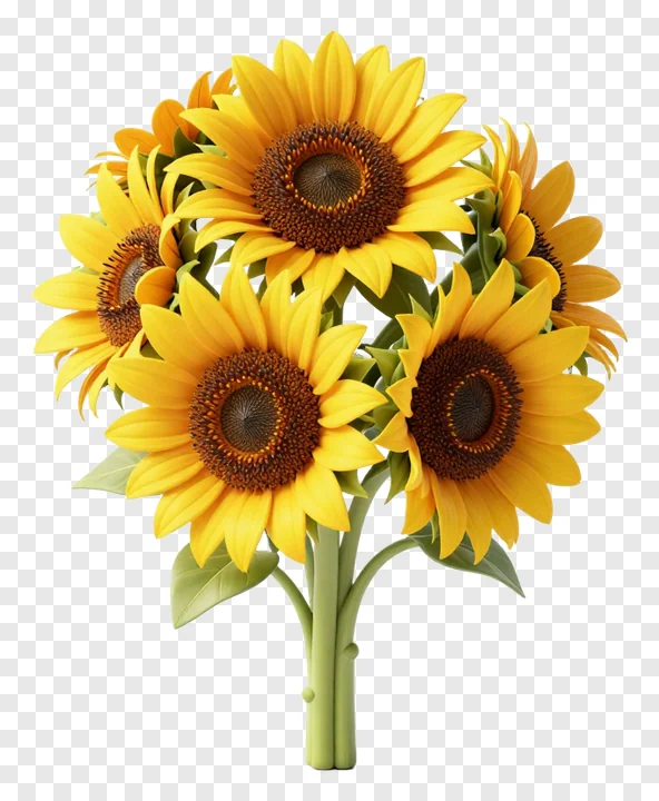 A 3D-rendered bunch of sunflowers with green stems and leaves.
