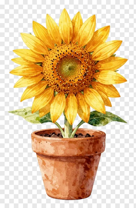A sunflower in a terracotta pot with green leaves.