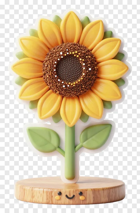A stylized sunflower with a smiling wooden base.