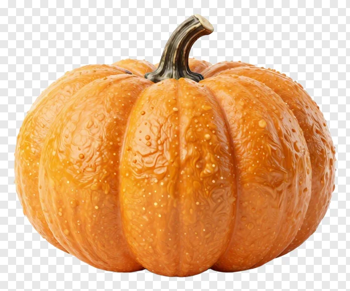 An orange pumpkin with a dark stem and water droplets.