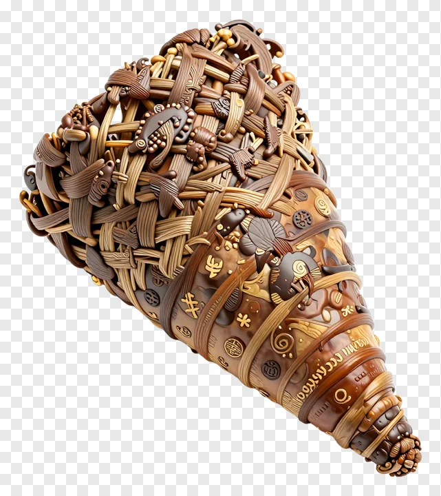 An ornately decorated 3D cornucopia made of braided material.