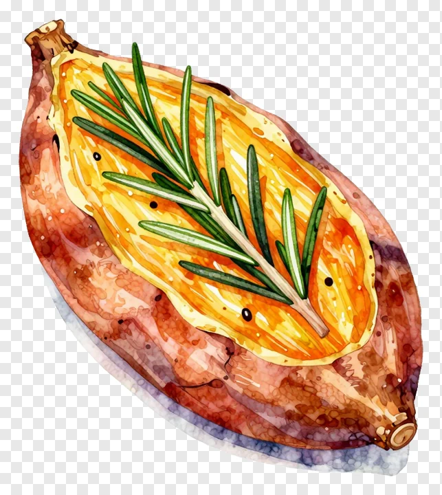 Baked sweet potato garnished with rosemary.