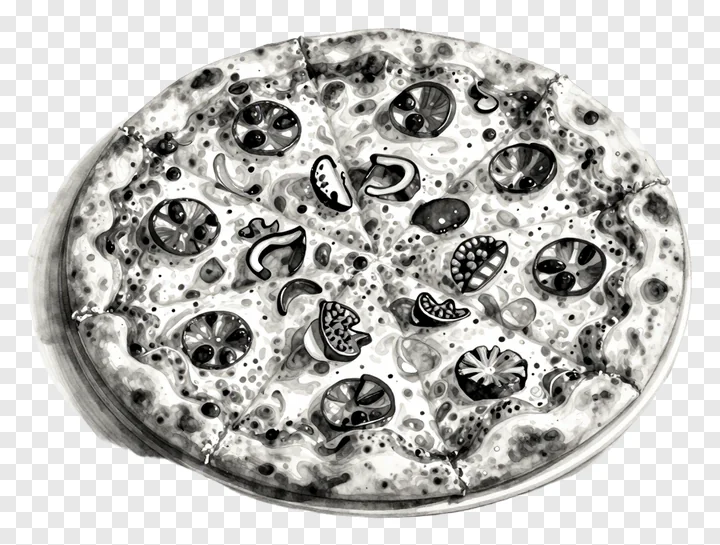 Black and white watercolor pizza illustration.