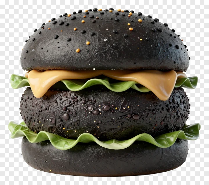 A black burger with cheese and lettuce.