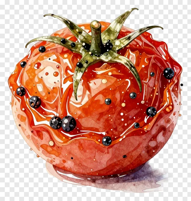 A roasted cherry tomato with black pepper.