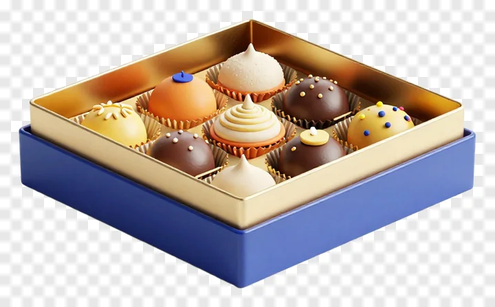 An open blue and gold box filled with decorative chocolates.