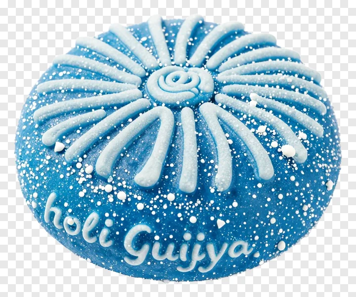 A blue Holi gujiya sweet with white icing and sprinkles.