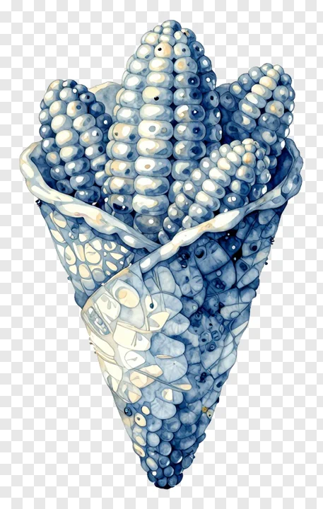 A blue-toned cornucopia filled with kernels.