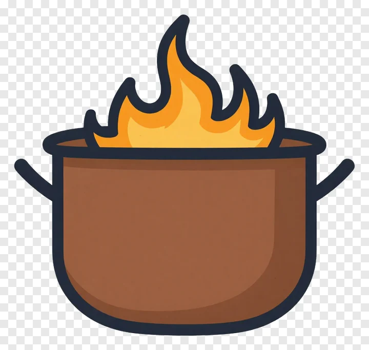 A pot with handles and flames rising from it.