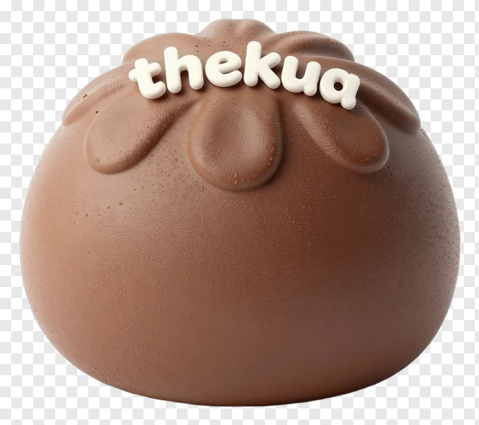 A brown chocolate-covered kua sweet with white text on top.