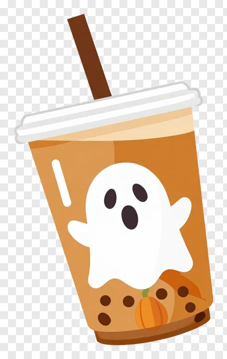 A cartoon pumpkin spice latte cup with a ghost design.