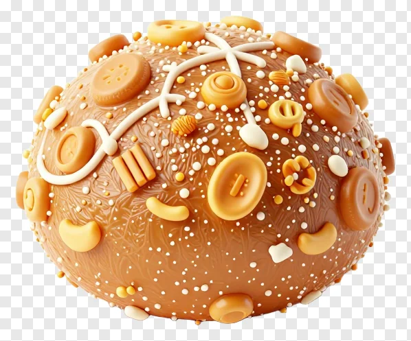 A decorated kua sweet with button toppings.