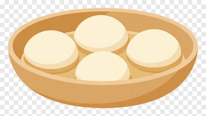 A cartoon bowl with four round food items.