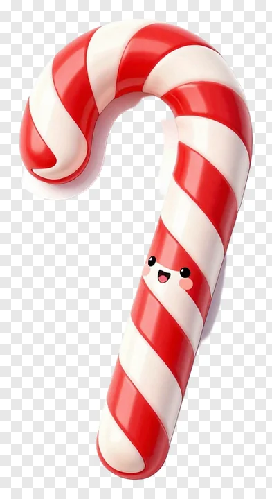 A red and white striped candy cane with a smiling face.
