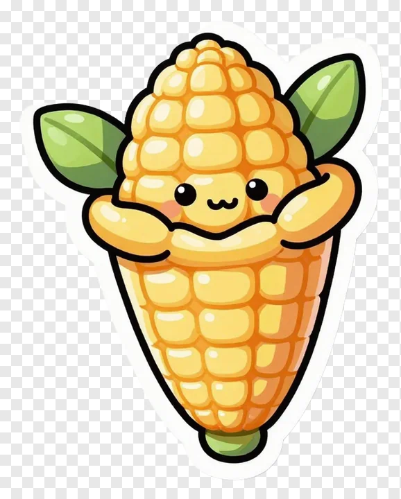 A cute cartoon corn cob with arms up and a smiling face.