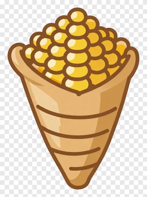 Cartoon cornucopia filled with corn kernels in a paper cone.