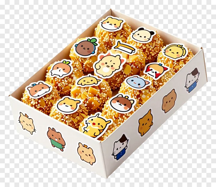 A box of golden ladoos with cartoon character stickers on top.