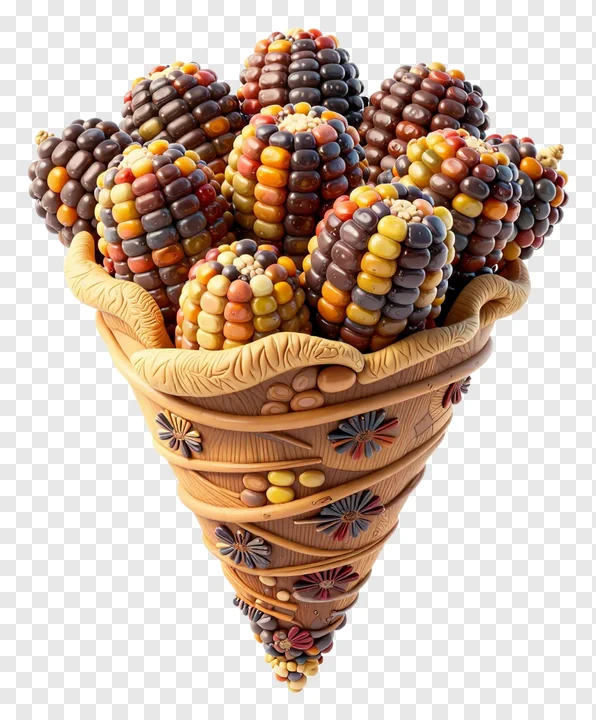 A wooden cornucopia filled with colorful corn cobs.