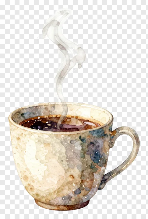 A steaming coffee cup with watercolor texture.