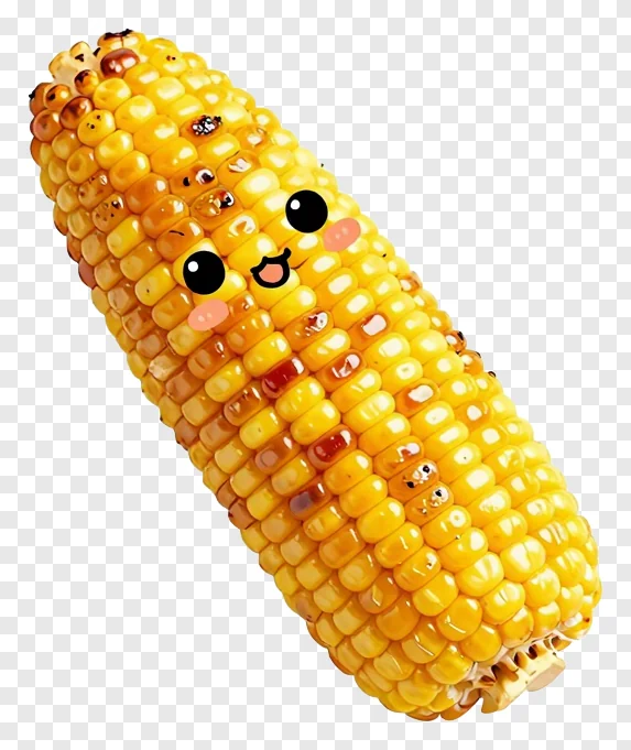 A roasted corn cob with a smiling face.