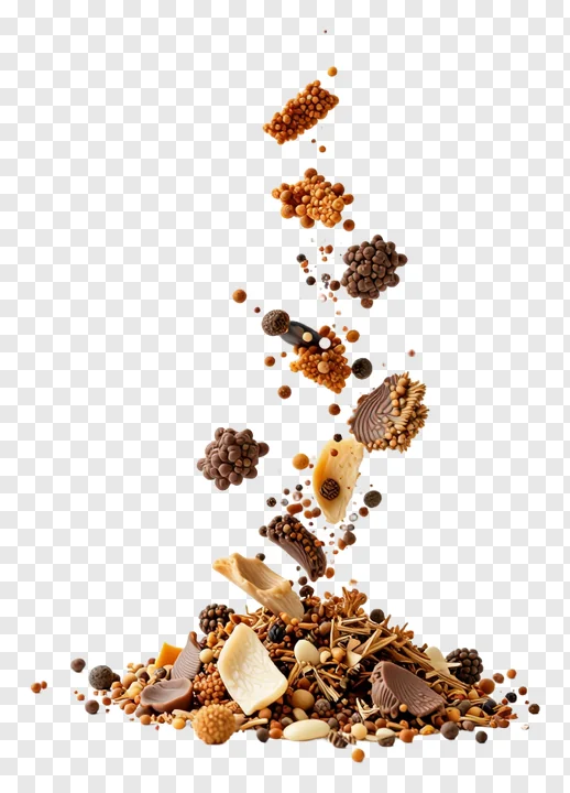 Various chocolate candies and nuts suspended as if tossed into the air.