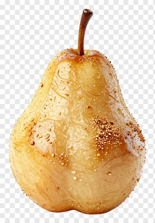 A roasted pear coated in cinnamon sugar.