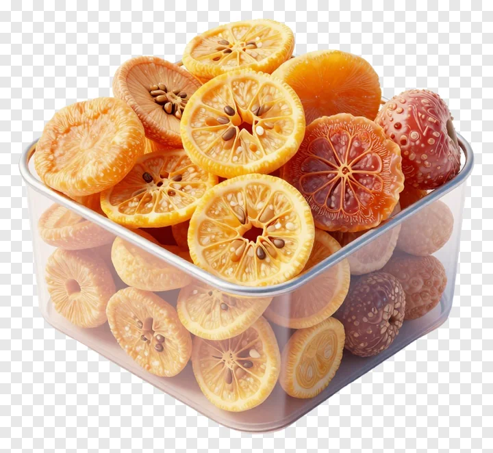 A clear box containing various dried fruit pieces like lemon and orange slices.