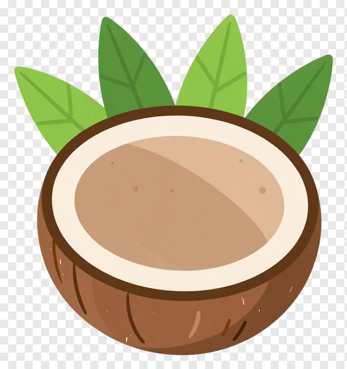 Coconut kalash with brown shell and green leaves.