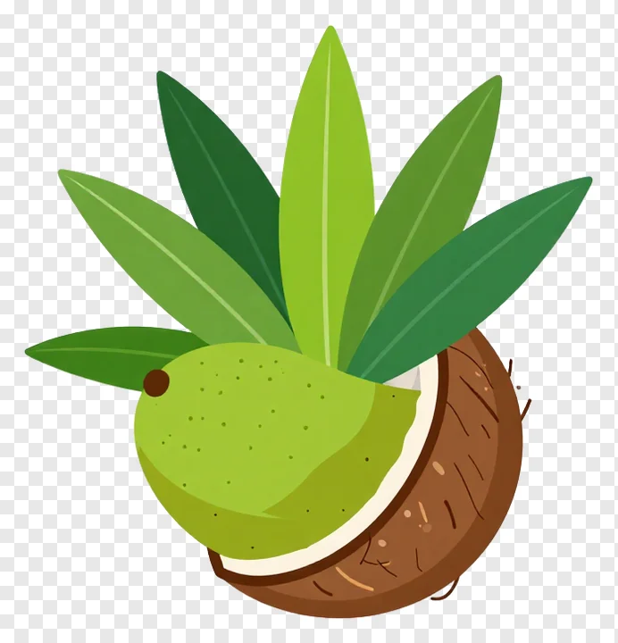 A halved coconut with mango leaves around it.