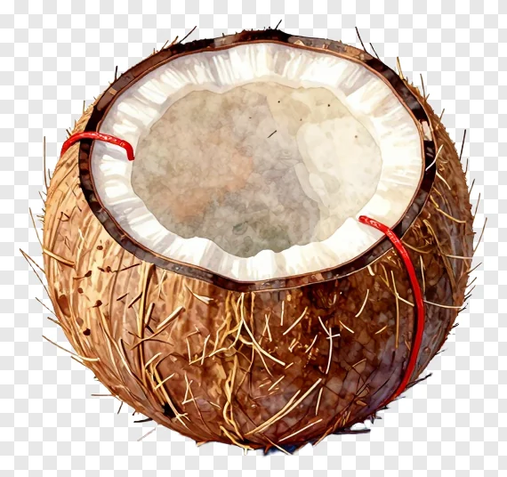 A coconut cut in half with a red thread holding it together.