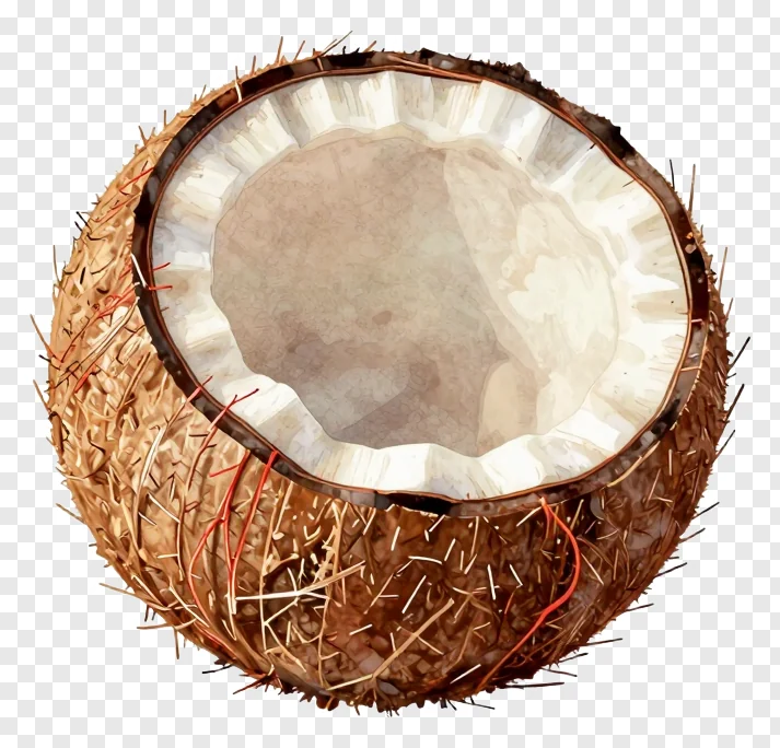 A halved coconut with red threads in the husk.