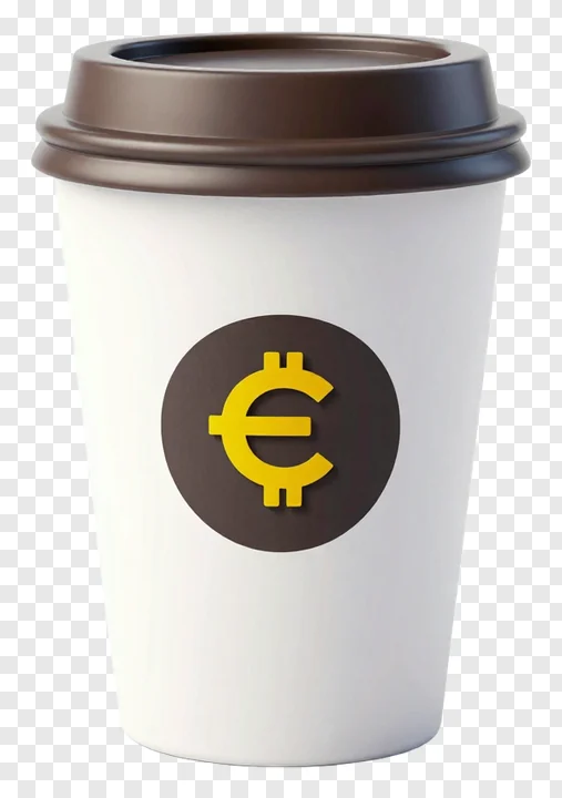 White coffee cup with euro symbol logo.