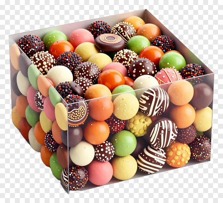 Box of assorted colored chocolate truffles.