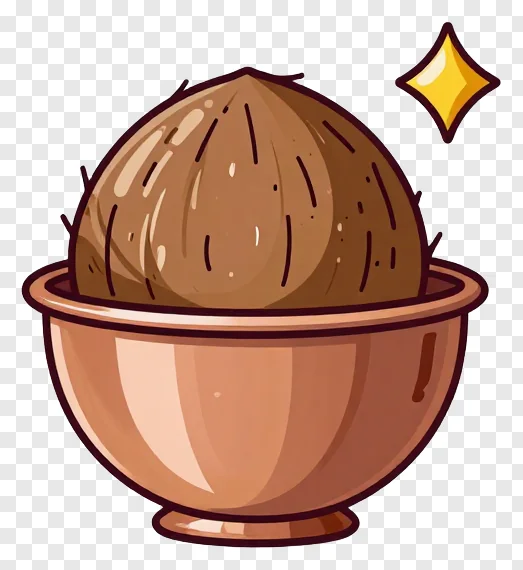 A coconut in a copper bowl with a sparkle.