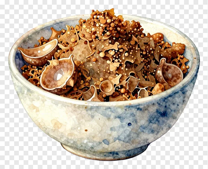A cracked ceramic bowl filled with neem and jaggery.