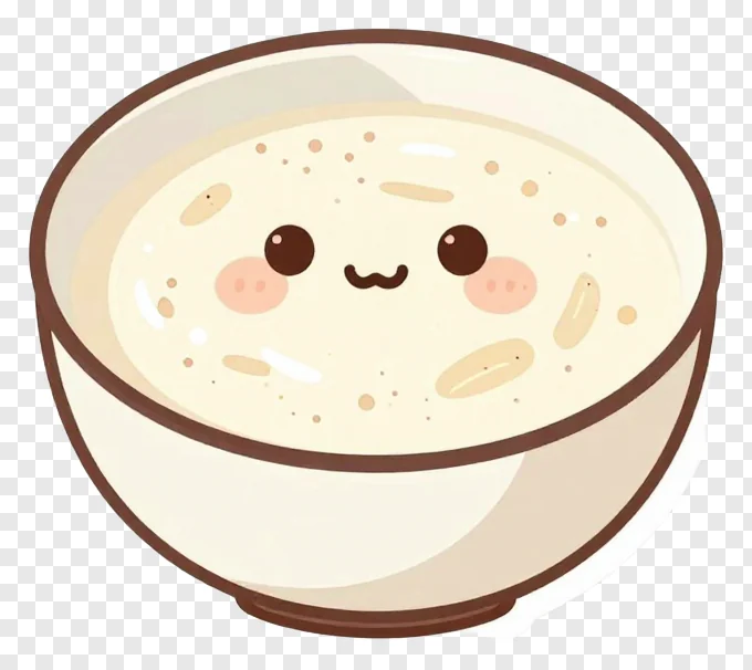 A cartoon bowl of creamy sweet kheer with a smiling face.