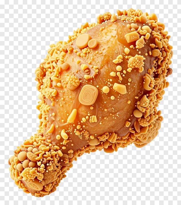 Fried chicken drumstick covered in crispy breading.