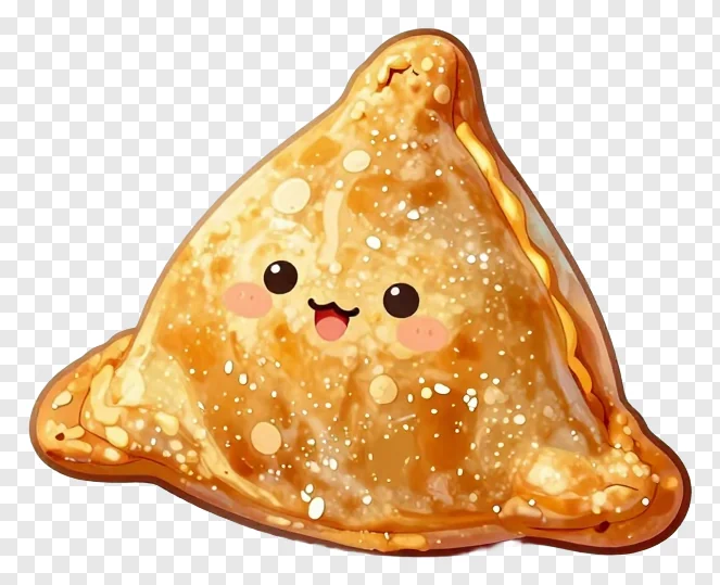 A cute, golden crispy samosa with a smiling face.