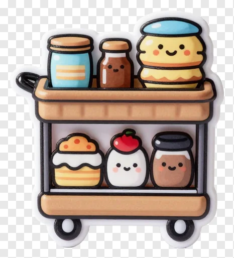 A cartoon bakery cart with smiling food items.