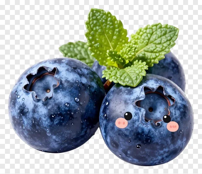 A cluster of three cute blueberries decorated with mint leaves.