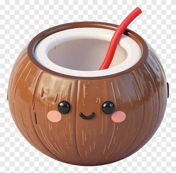 A cute coconut-shaped cup with a red straw and a smiling face.