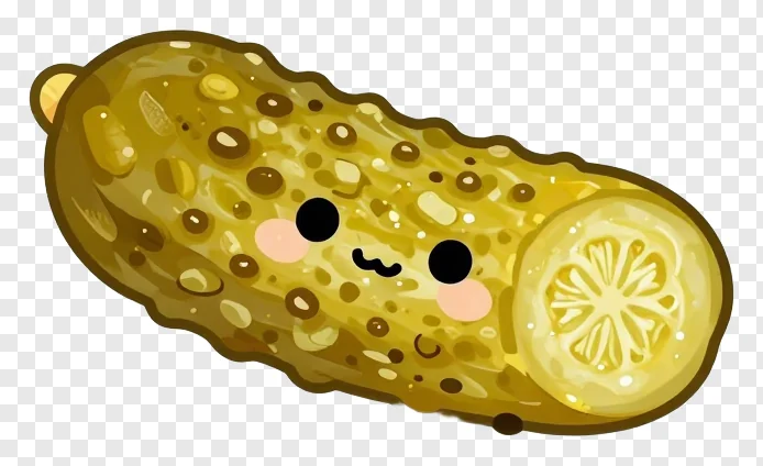A cute cartoon dill pickled cucumber wedge with a lemon slice.