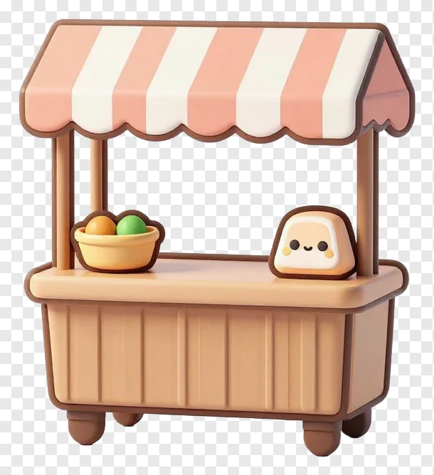 A cute food kiosk with a striped awning and a smiling face.