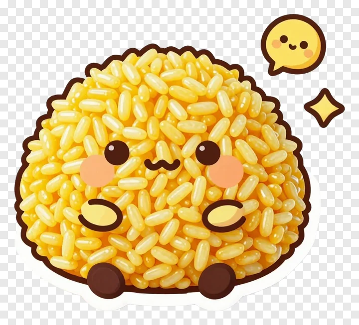 A cute, round character made of golden turmeric rice with a happy expression.